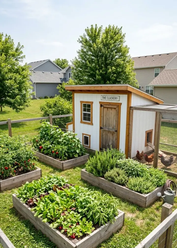 Compact-backyard-chicken-coop-integrated-into-a-kitchen-garden 17 Cute Chicken Coop Ideas for Backyards That Are Practical and Pretty