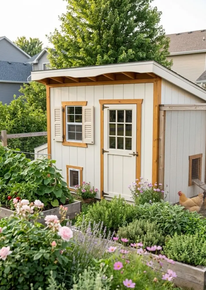 Cottage-Style-Coop-With-Soft-Landscaping 17 Cute Chicken Coop Ideas for Backyards That Are Practical and Pretty
