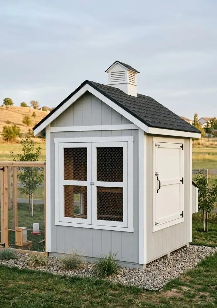 Easy-Clean-Coop-With-Cute-Windows-and-Trim 17 Cute Chicken Coop Ideas for Backyards That Are Practical and Pretty