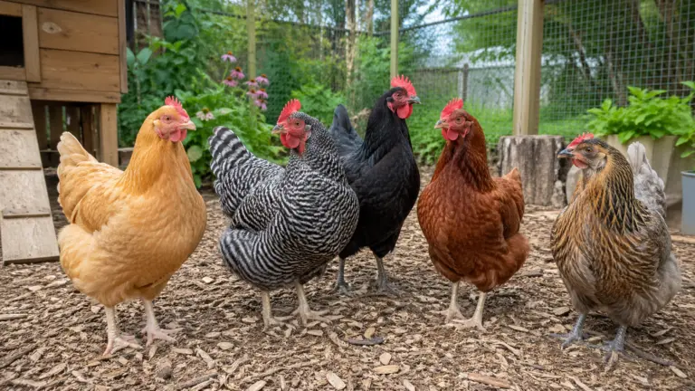 Backyard flock with Buff Orpington, Barred Plymouth Rock, Australorp, Rhode Island Red, and Easter Egger hens in a clean chicken run.