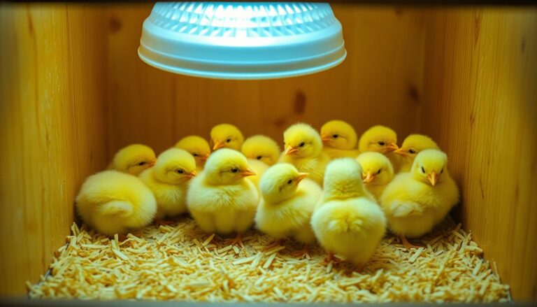 Fluffy yellow baby chicks huddled under a warm heating plate in a brooder box