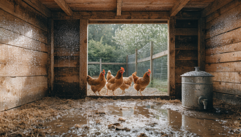 A worried chicken keeper inspects damp bedding in a chicken coop, showcasing moisture issues.