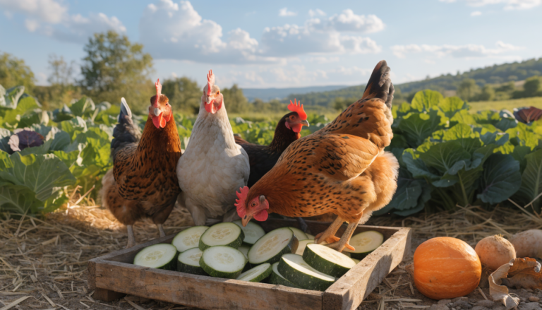 Backyard chickens enjoying fresh cucumber slices and zucchini rounds in a rustic wooden feeder.