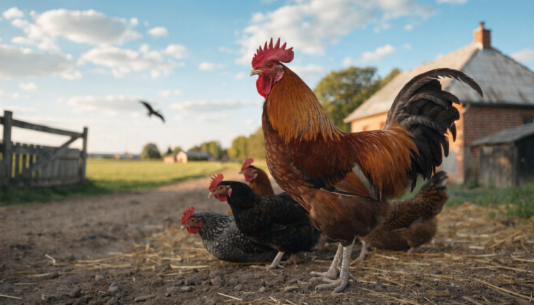Vigilant rooster guarding hens at sunset, showcasing protective instincts.