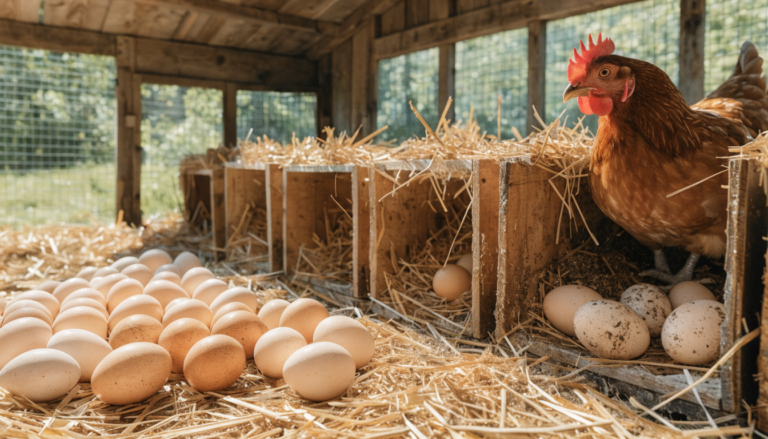Interior of a rustic chicken coop showing clean and messy nesting boxes with dirty eggs, highlighting common nesting mistakes.