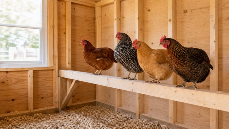 Four hens standing on a flat wooden 2x4 roosting bar inside a clean backyard chicken coop
