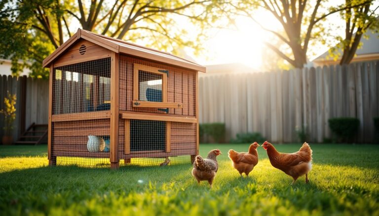 Wooden chicken coop with mesh run and brown hens in a sunny backyard