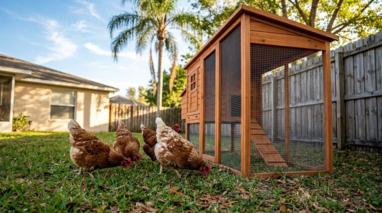 Backyard hens foraging beside a wooden coop with a hardware-cloth run in a sunny Tampa, Florida backyard