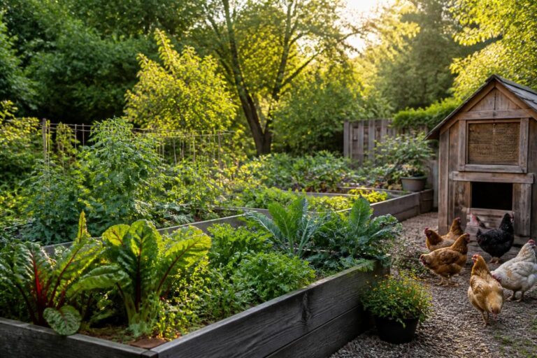 Backyard vegetable garden with raised beds, a wooden coop, and hens in golden afternoon light